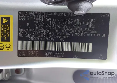 2013 Toyota Highlander Limited V6 из США, поврежденный, VIN 5TDDK3EH8DS244882